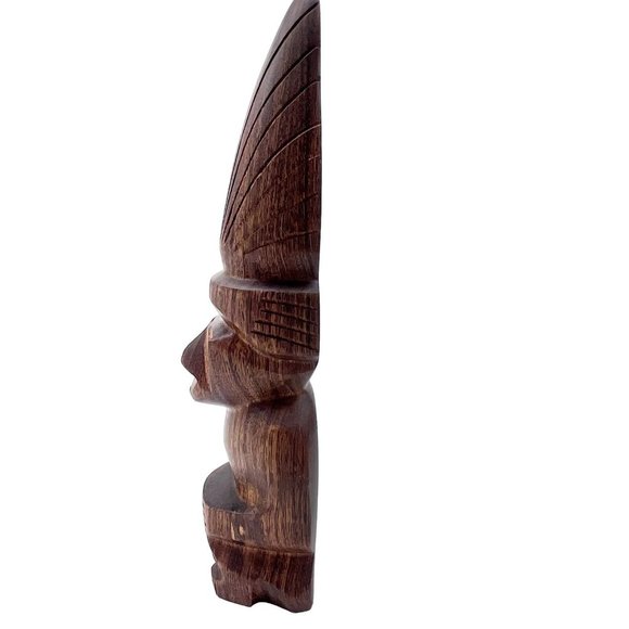 Set of 2 Wooden Statues 8 and 6 inch Tall Kneeling People with Headdress - Picture 5 of 11